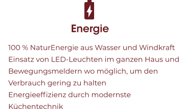 Energie 	100 % NaturEnergie aus Wasser und Windkraft 	Einsatz von LED-Leuchten im ganzen Haus und Bewegungsmeldern wo möglich, um den Verbrauch gering zu halten 	Energieeffizienz durch modernste Küchentechnik